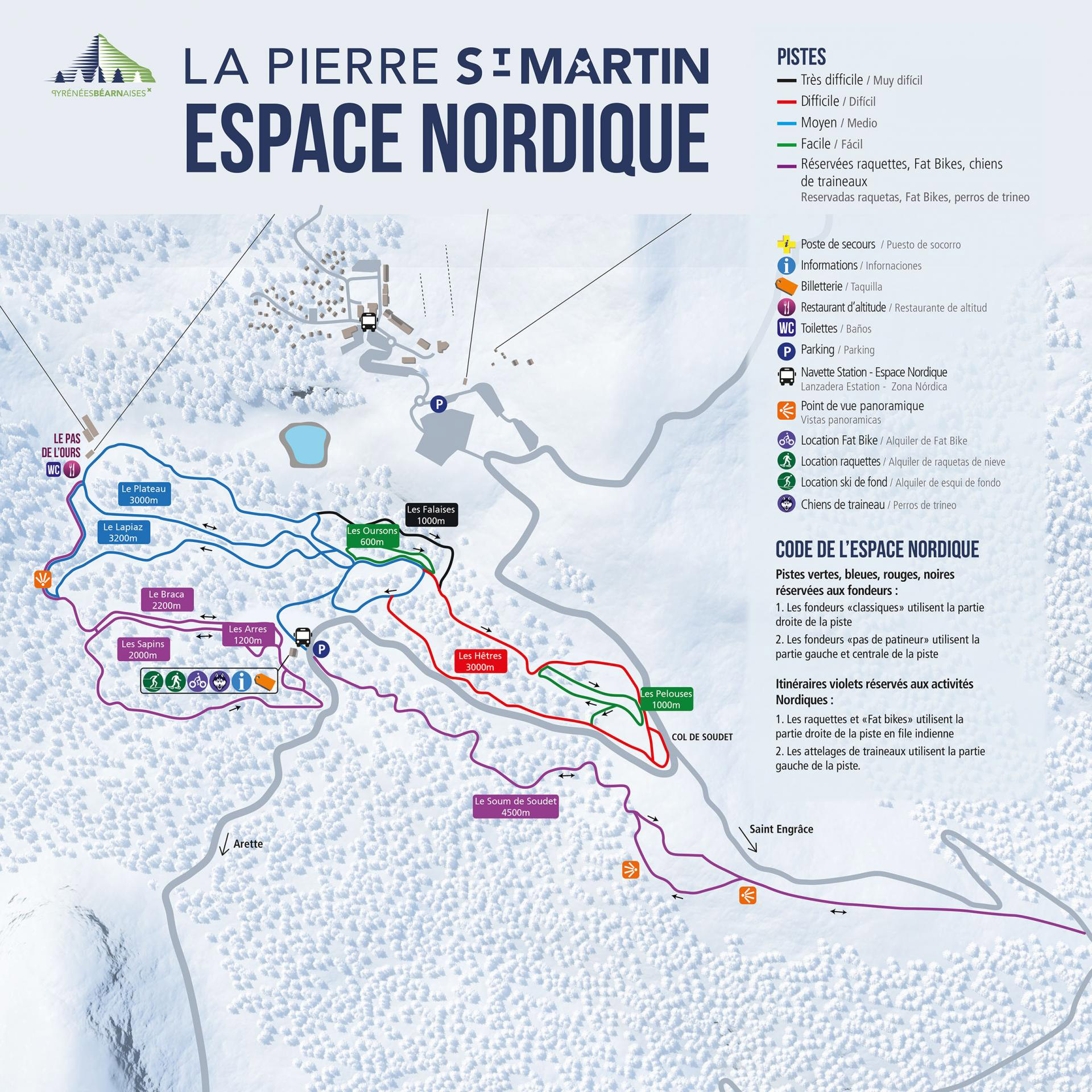 Plan de L'espace Nordique Raquettes et Ski de Fond de La Pierre Saint Martin - Hiver 2023